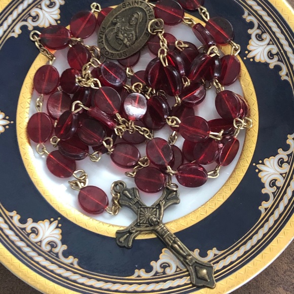 Vintage Jewelry - Vintage Red Wine Rosary Cross Beads